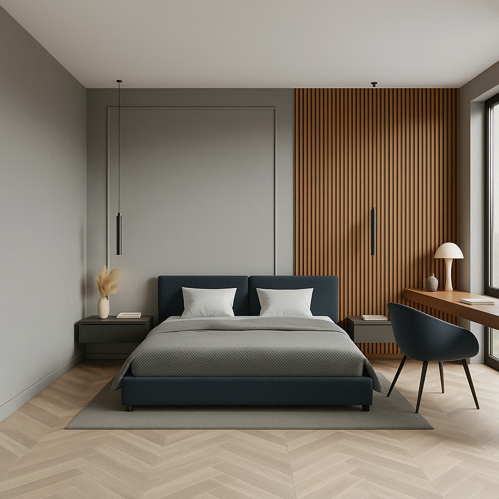 Chambre moderne aux murs peints en Lynx Gris Beige – peinture à l’argile Argil’Is Maison Étanche