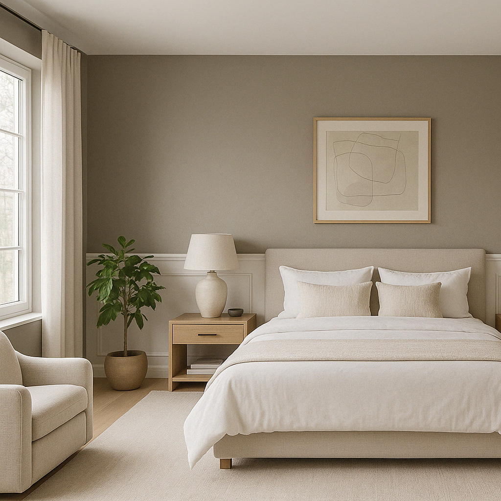 Chambre minimaliste avec soubassement peint en Marmotte Gris Cendre – peinture à l’argile Argil’Is