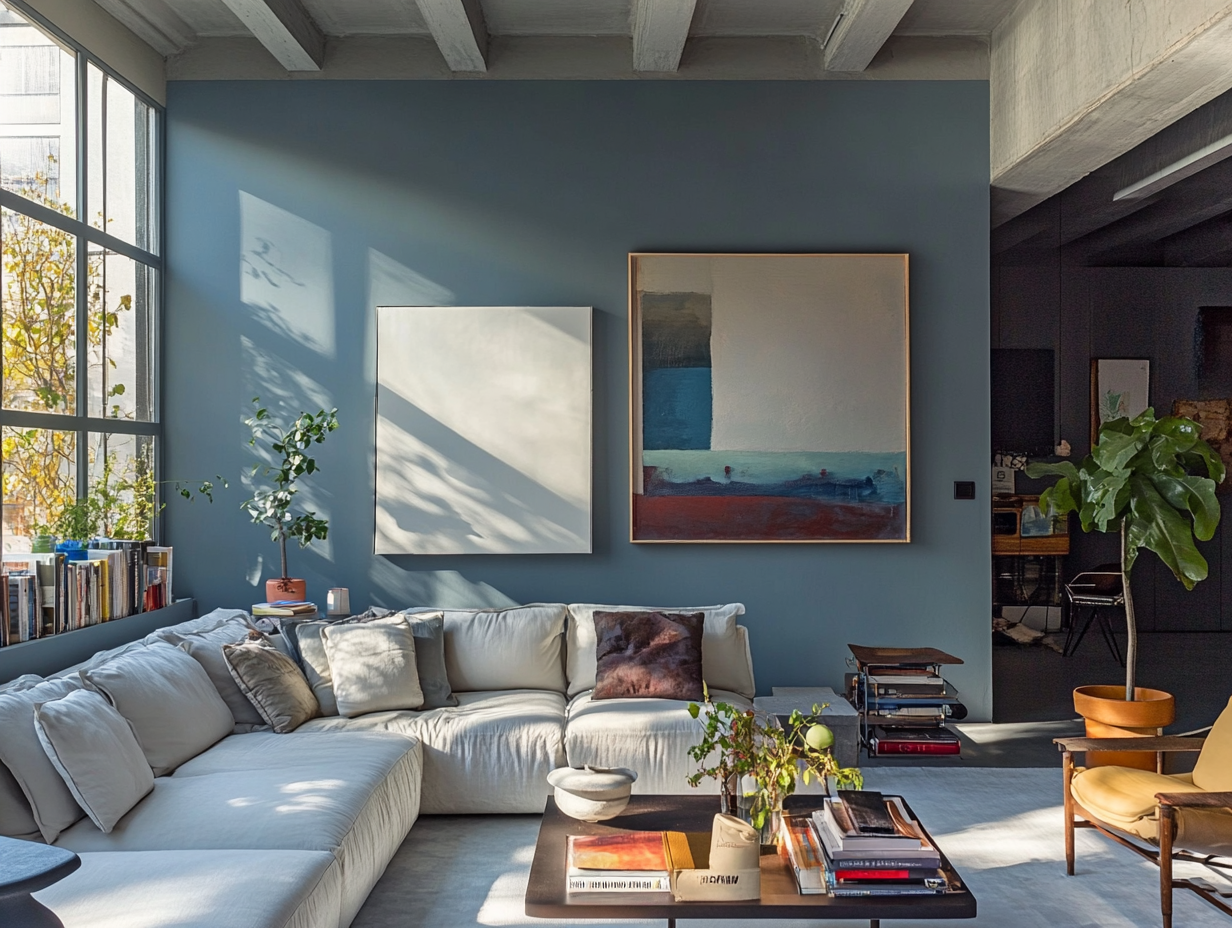 Salon style loft avec un mur peint en bleu pastel RAL 5024, canapé d’angle en lin, grande toile abstraite et lumière naturelle