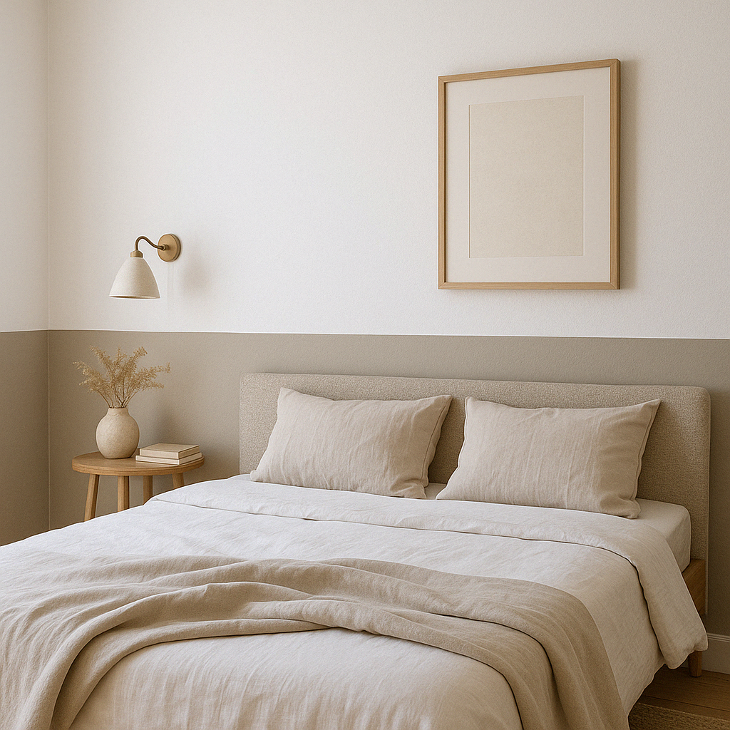Chambre minimaliste avec soubassement peint en Marmotte Gris Cendre – peinture à l’argile Argil’Is