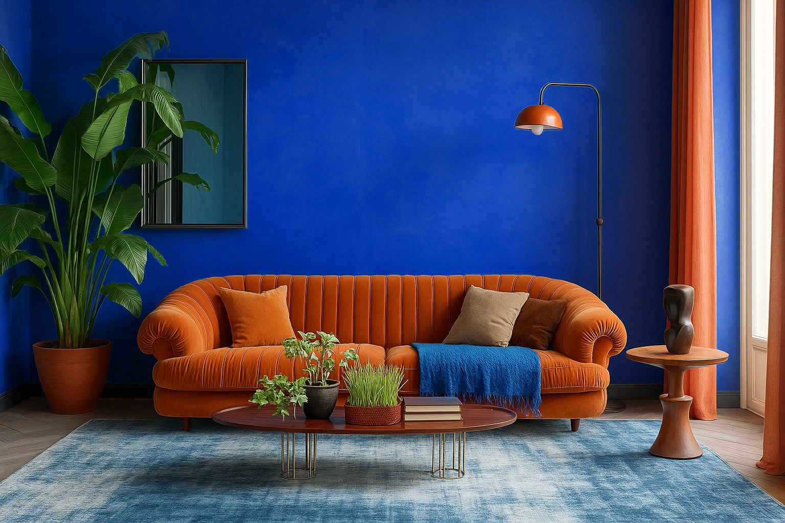 Salon moderne avec murs en azur bleu, canapé en velours orange brûlé, rideaux assortis et touches végétales, ambiance contrastée et élégante