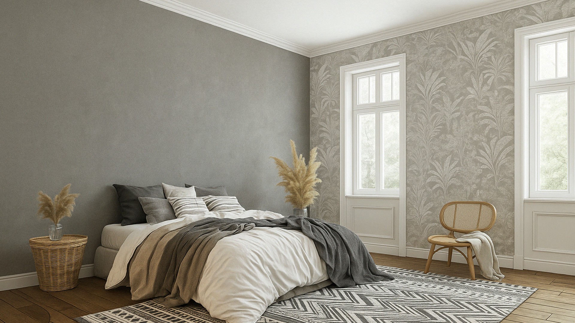 Chambre lumineuse avec mur peint en Étain gris foncé – peinture à la chaux Minéralis Maison Étanche