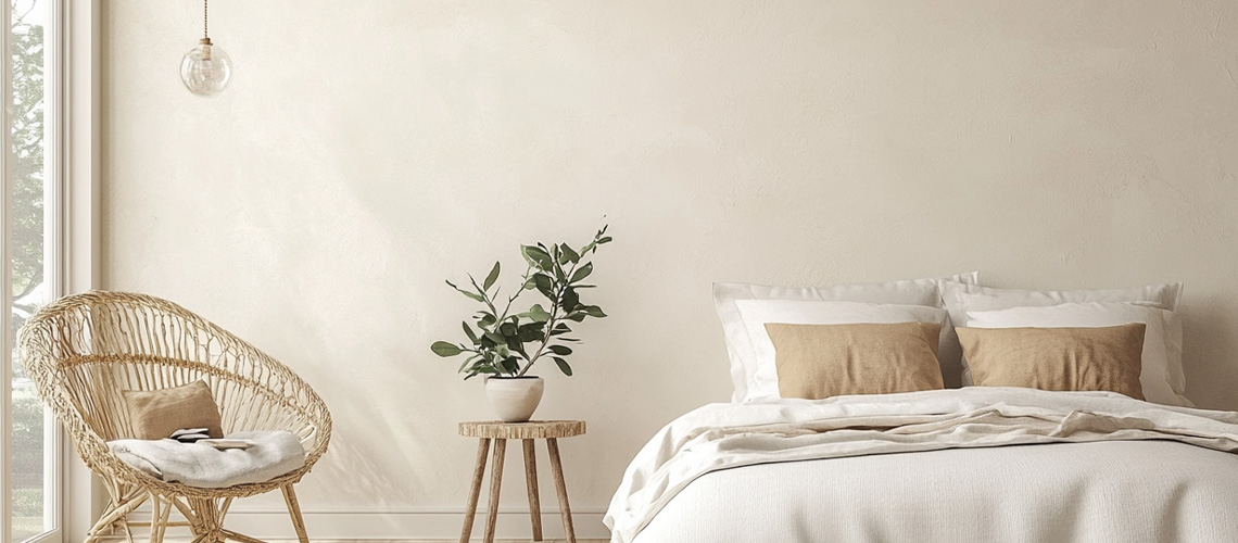 Chambre à l’ambiance méditerranéenne avec mur en badigeon Calvi Beige Rosé