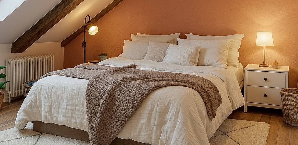Chambre sous combles peinte en Roussette – Rose Cuivre avec poutres apparentes et linge de lit blanc, ambiance chaleureuse et naturelle