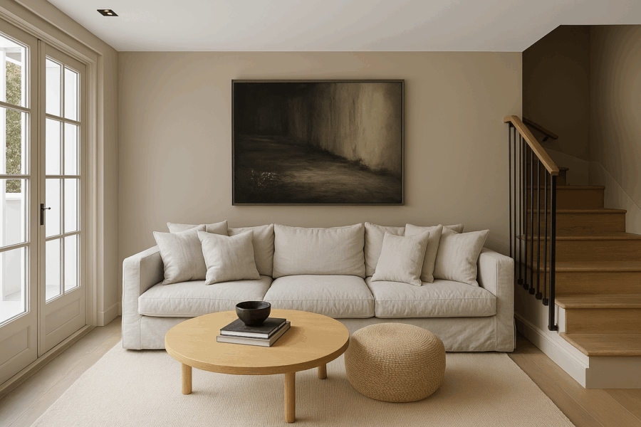 Salon cosy avec murs en peinture Mésange Grège, canapé lin naturel, table ronde en bois clair et escalier en bois.