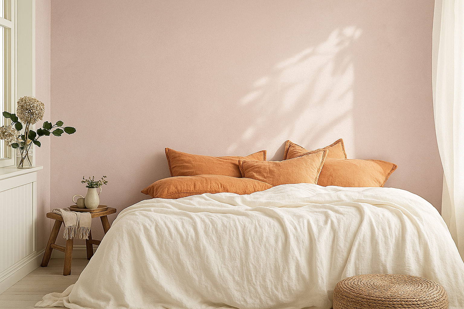 Chambre paisible et lumineuse décorée avec la teinte Calvi - Beige Rosé, badigeon à la chaux naturel