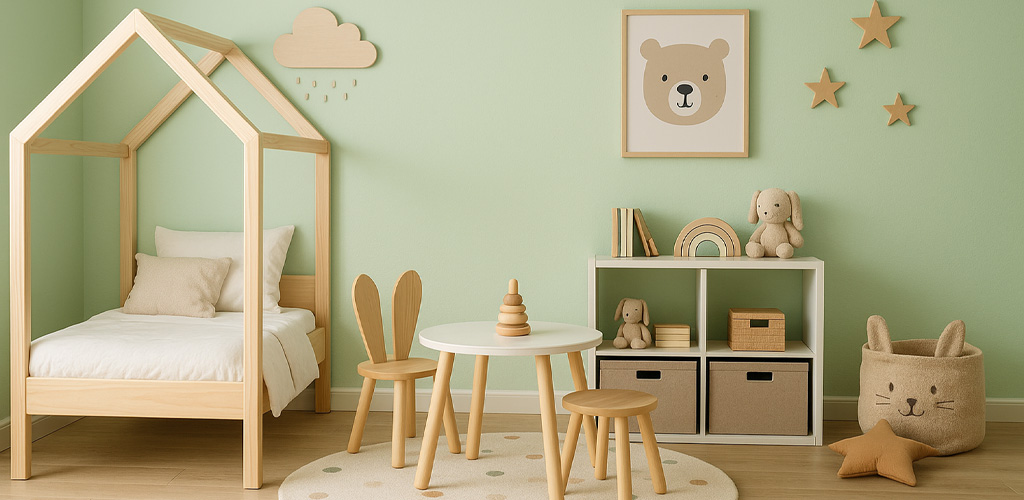 Chambre d’enfant avec mur peint en vert blanc RAL 6019, mobilier en bois clair, déco douce et ludique dans un style naturel.