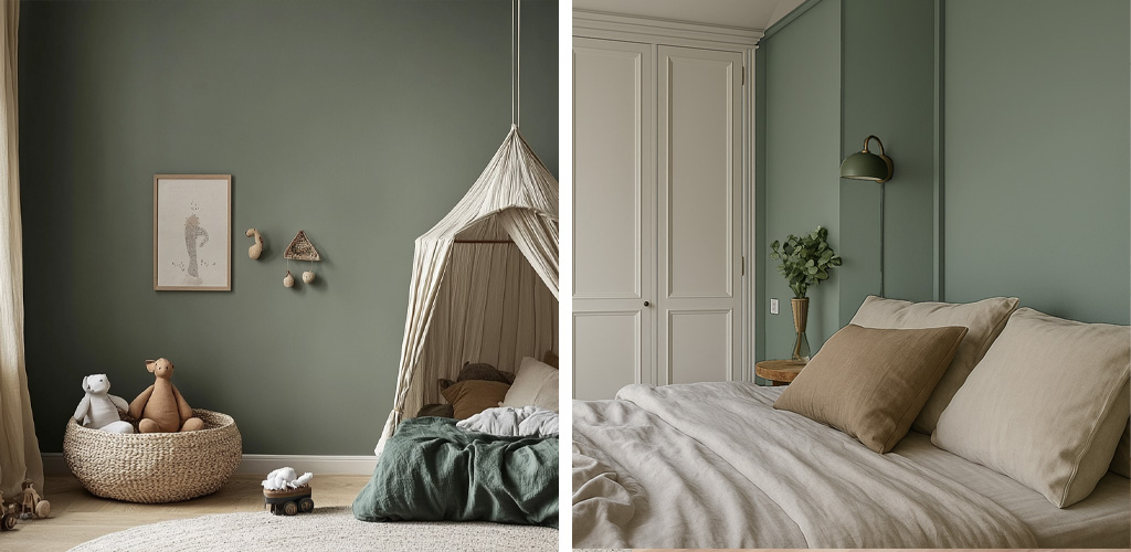 Chambres adulte et enfant décorées en vert olive, avec mobilier en bois, textiles naturels et ambiance chaleureuse et enveloppante.
