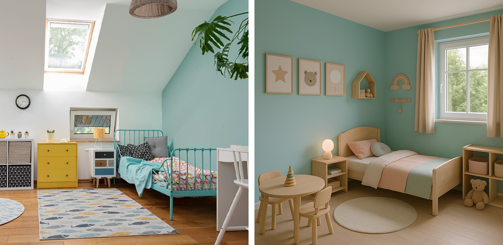 Deux inspirations de chambres d’enfant peintes en turquoise pastel RAL 6034 : l’une ludique et colorée sous combles, l’autre douce et épurée au style scandinave.
