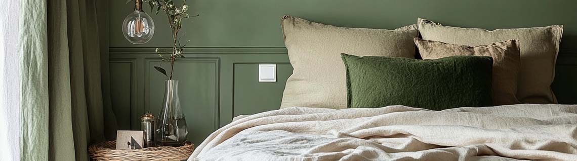 Chambre élégante décorée dans des tons verts naturels avec mur vert kaki, tête de lit moulurée, linge de lit en lin beige et coussins vert forêt et sable. Une suspension en verre et une table d’appoint en osier apportent une touche chaleureuse et naturelle à l’ensemble.