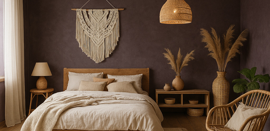 Mur en béton ciré Mûre Violet dans une chambre chaleureuse et naturelle