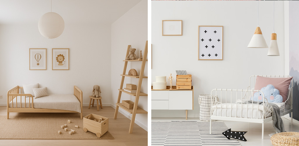 Chambres d’enfant aux murs peints en blanc, décorées avec du mobilier en bois naturel et des éléments doux pour une atmosphère apaisante et épurée.