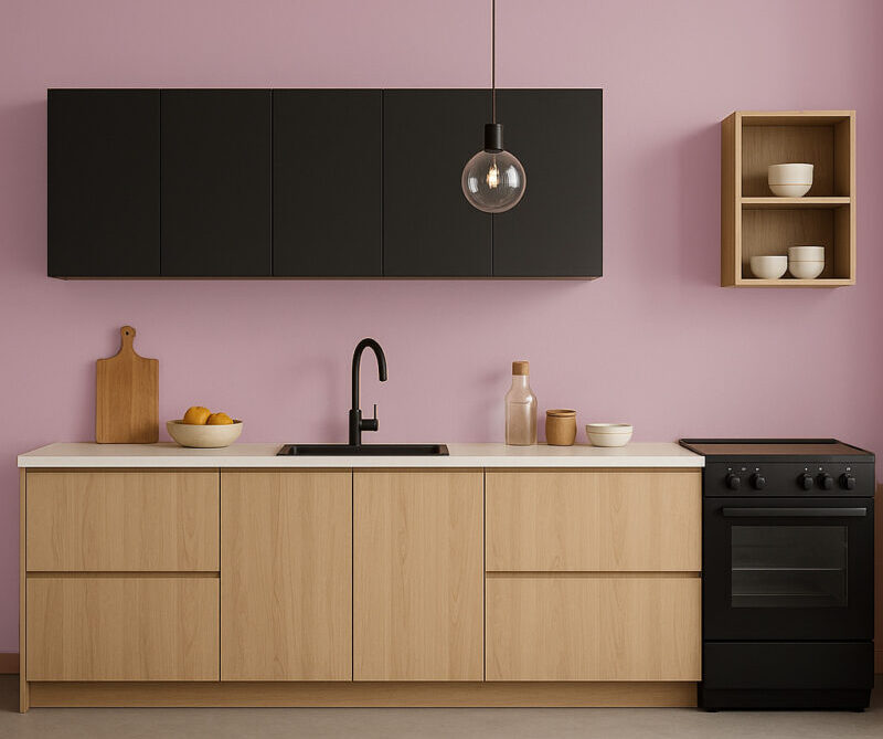 Mur de cuisine peint en Rose Poudré RAL 010 70 15 avec mobilier bois clair, caisson noir mat et plan de travail blanc, style contemporain.