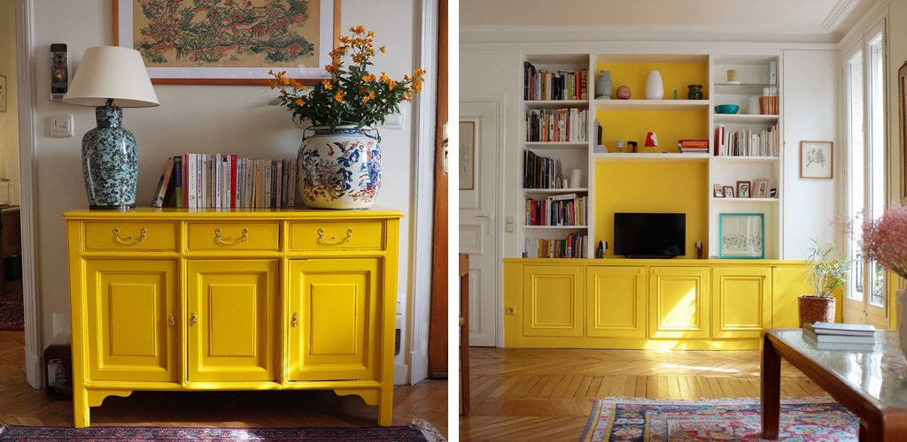 Meubles anciens et bibliothèque peints en résine jaune signalisation RAL 1023, dans un intérieur classique revisité