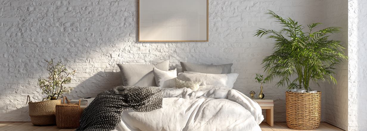 Chambre moderne avec murs en briques peints en blanc mat, décorée avec des matériaux naturels et baignée de lumière naturelle.