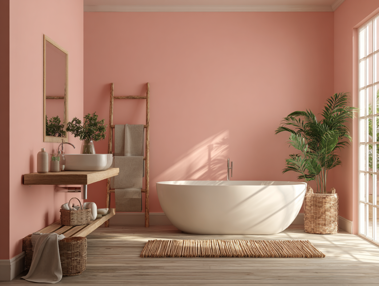 Salle de bain avec murs peints en Rose Clair RAL 3015, baignoire îlot blanche, bois clair et plantes vertes, style naturel et lumineux.