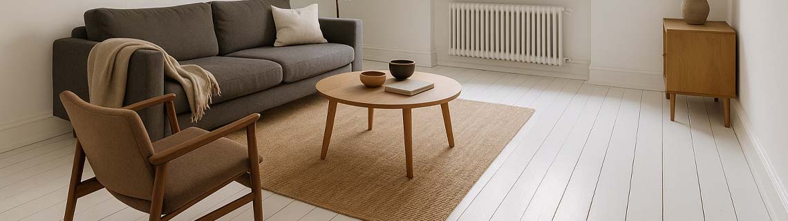 salon avec un parquet peint en blanc