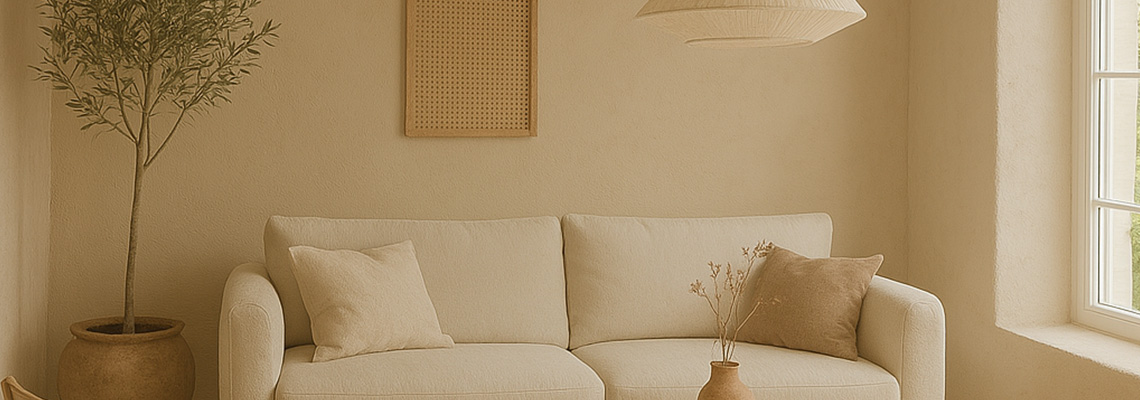 Salon épuré avec murs texturés en Muscade Gris Rose, canapé beige clair, poterie décorative et lumière naturelle en douceur.