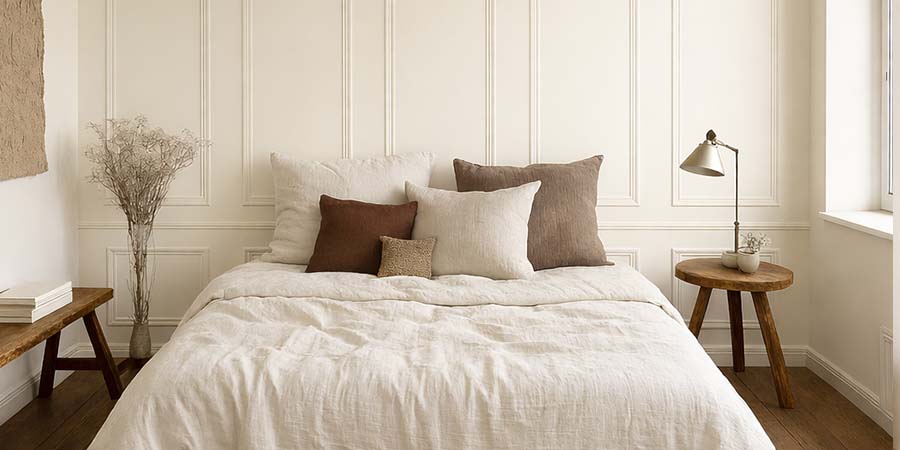 Chambre lumineuse aux murs peints en Blanc Perlé (RAL 1013), avec moulures classiques, linge de lit en lin naturel et mobilier en bois brut.